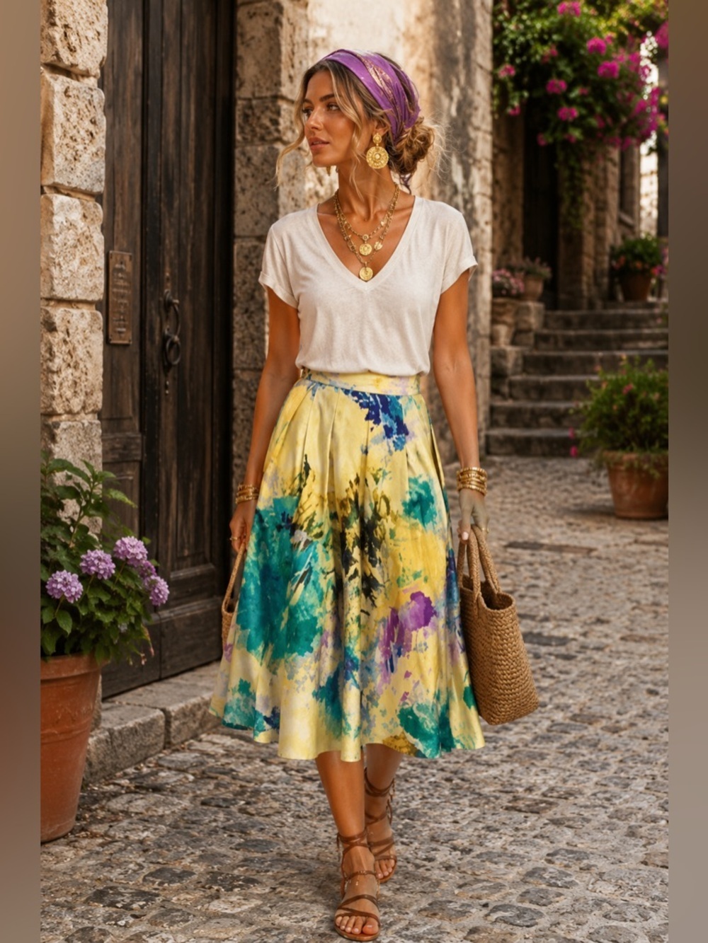 H&M watercolour midi skirt, size US 4